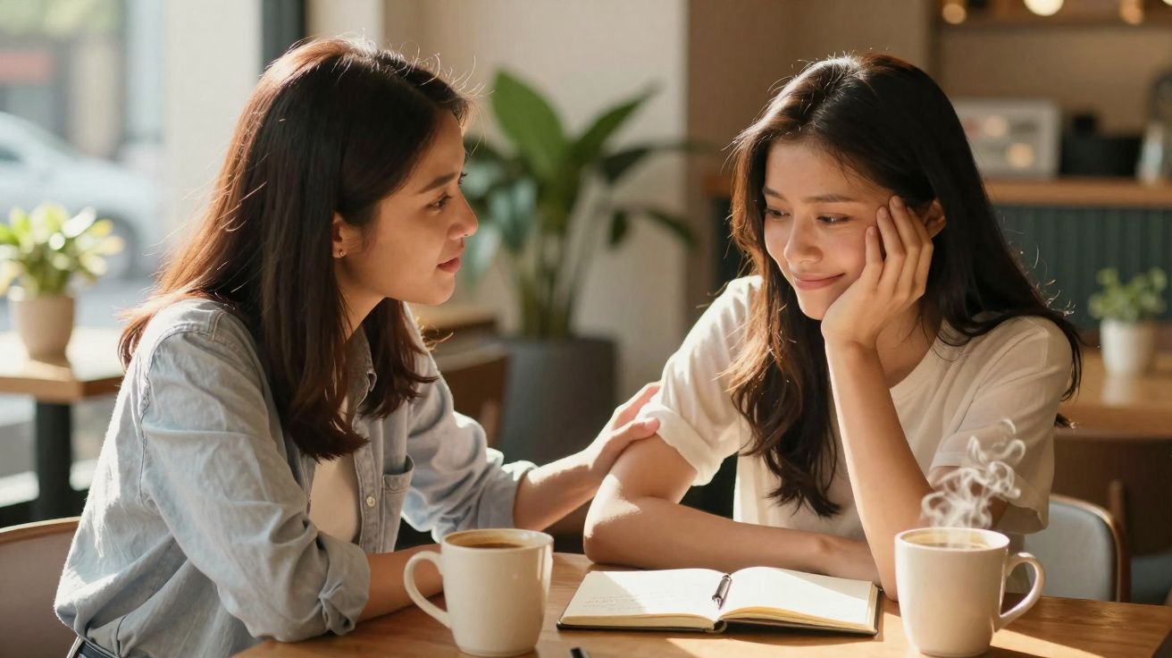 Duas mulheres sentadas à mesa, uma consola a outra, com duas chávenas de café e um caderno aberto.