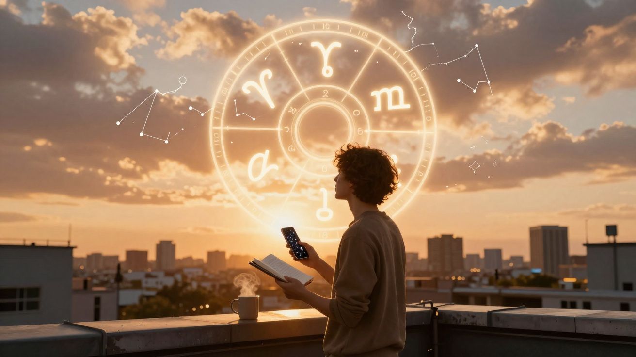 Pessoa a ler livro e a consultar mapa de constelações com símbolos do zodíaco ao pôr do sol na cidade.