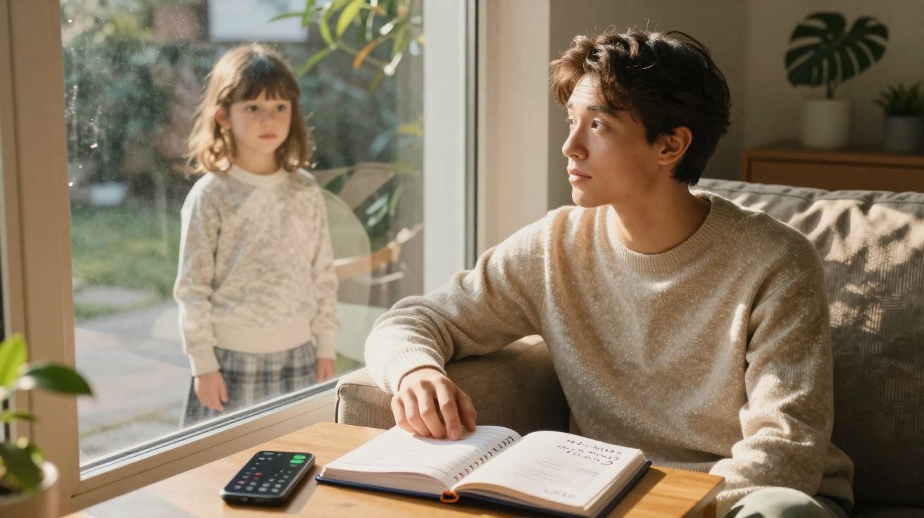 Homem sentado a estudar numa mesa olha pela janela para uma rapariga do lado de fora.