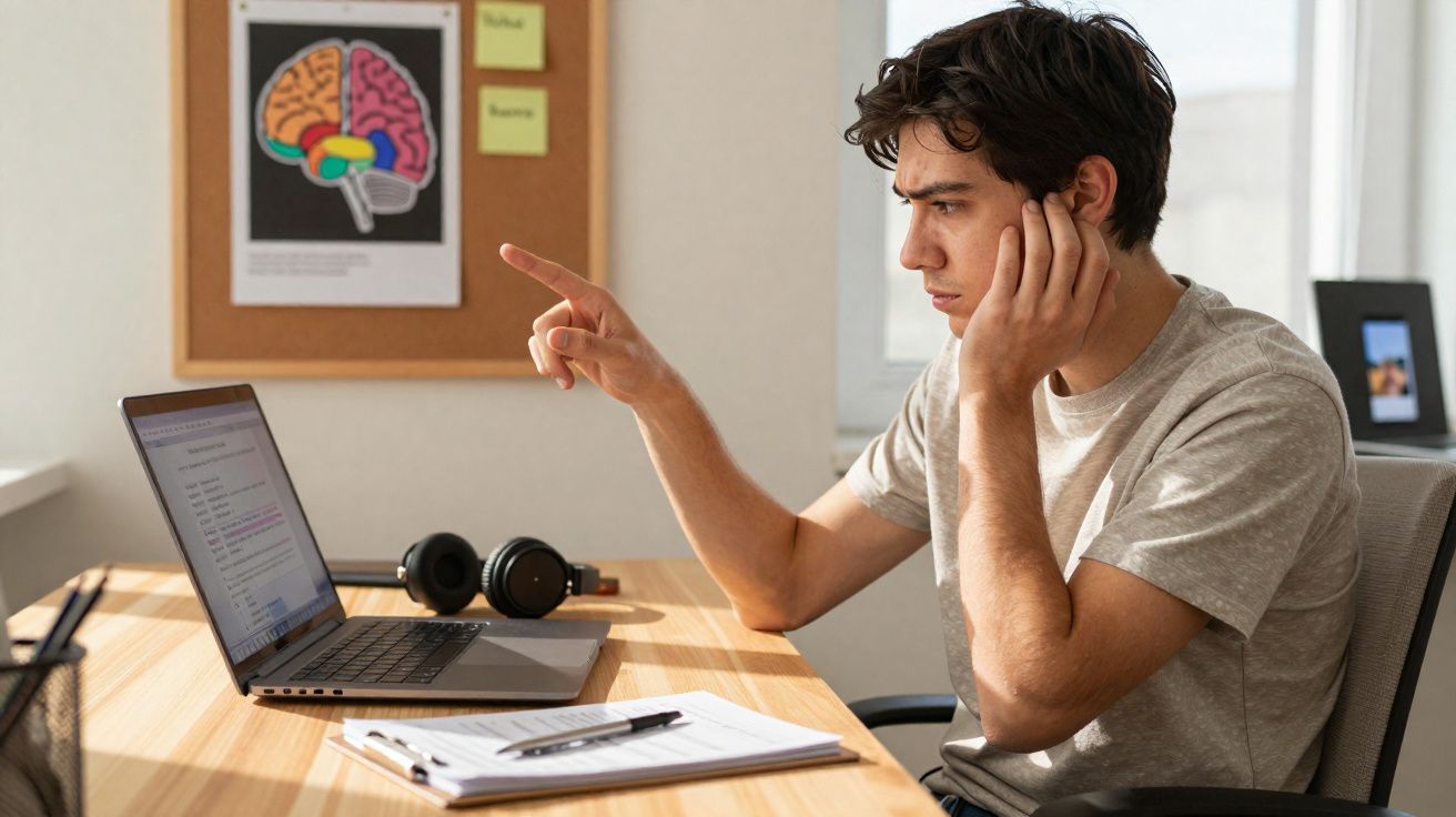 Jovem a estudar no computador, sentado numa secretária com apontamentos e auscultadores.