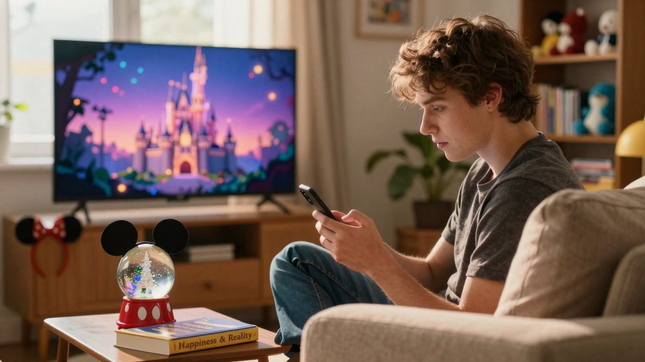 Jovem sentado no sofá a usar telemóvel, com televisão ligada a mostrar castelo animado e bola de neve com orelhas de rato na 