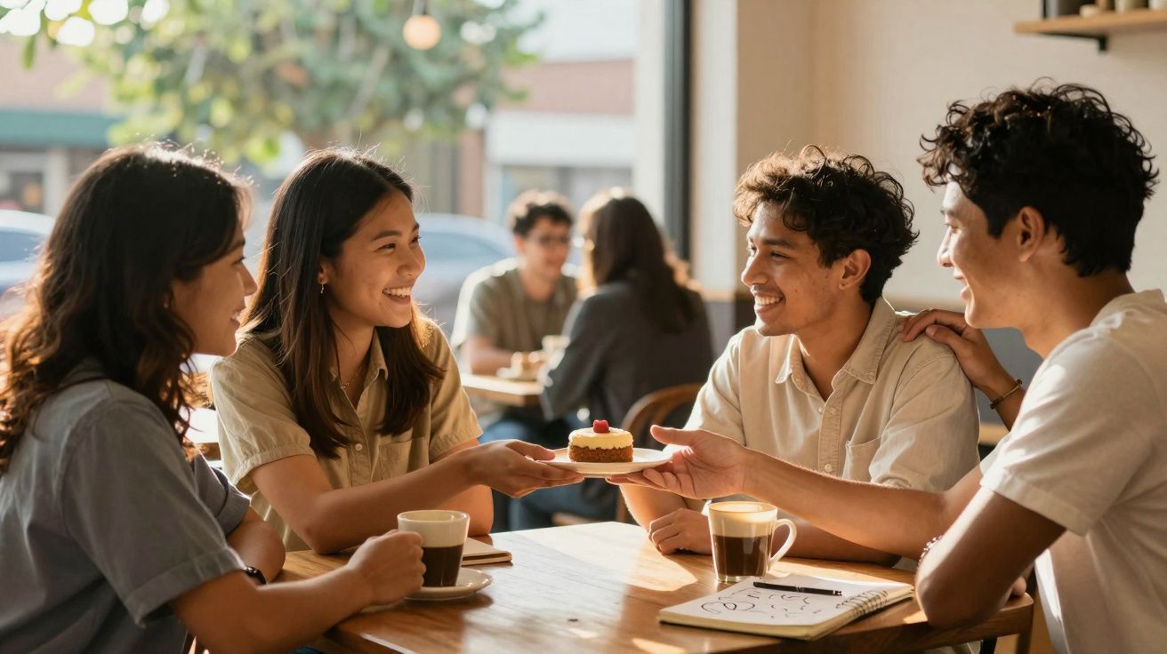 Quatro jovens a partilhar um bolo e a beber café numa conversa animada numa cafetaria iluminada.
