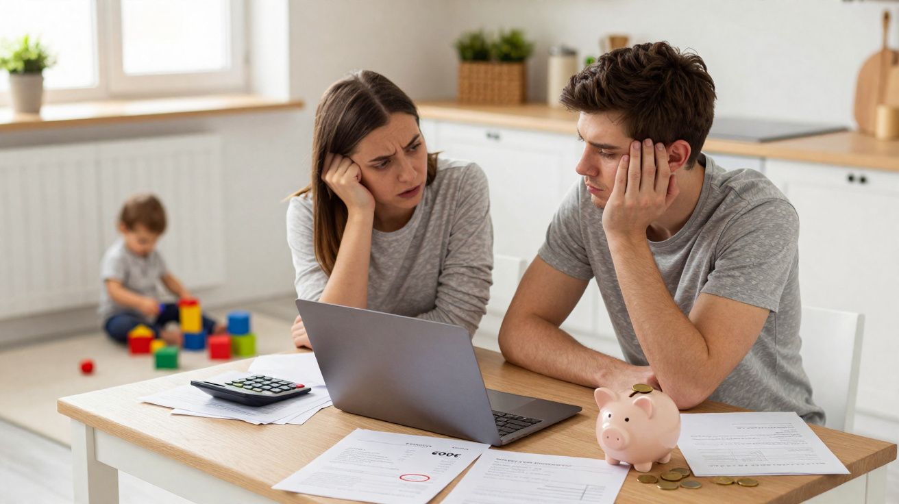 Casal preocupado a analisar contas numa cozinha com criança a brincar ao fundo.