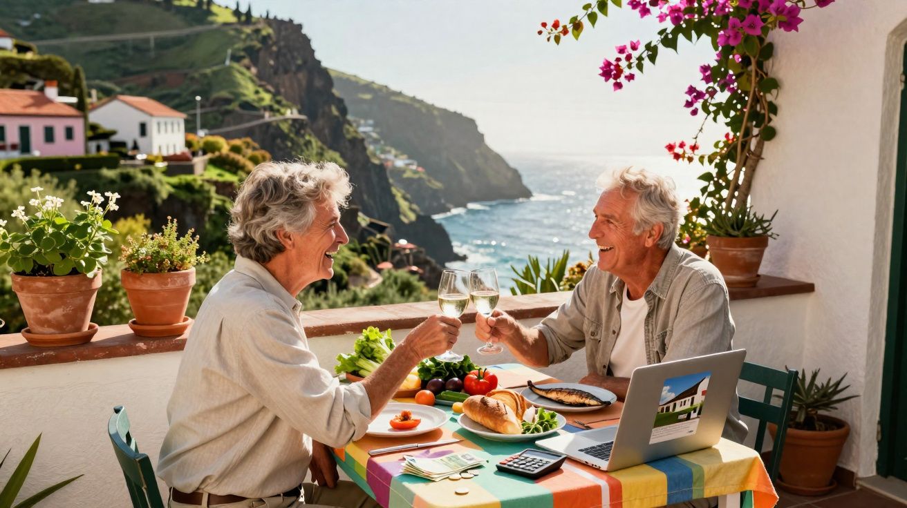 Casal sénior a brindar com copos de vinho numa varanda com vista para o mar e vegetação.