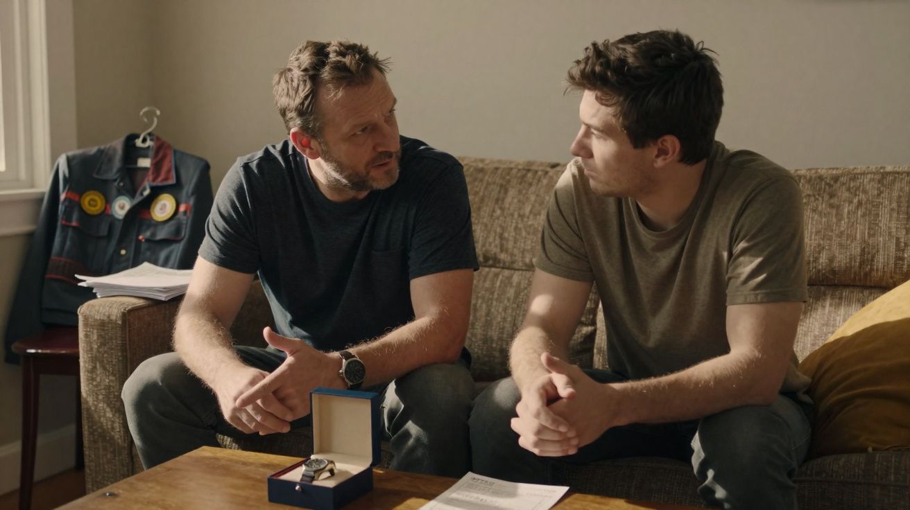 Dois homens sentados no sofá a conversar, com uma caixa aberta contendo um relógio em cima da mesa.