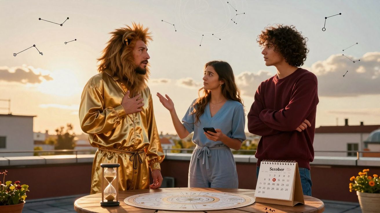 Três pessoas a conversar num terraço ao pôr do sol, uma com fato de leão dourado, mesa com roda zodiacal e calendário.