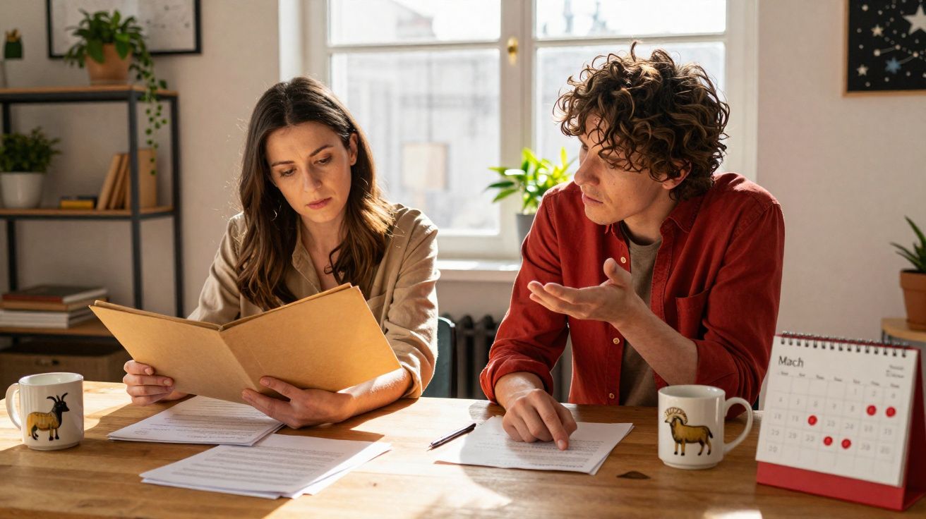 Duas pessoas sentadas a analisar documentos numa mesa com canecas e calendário à frente.