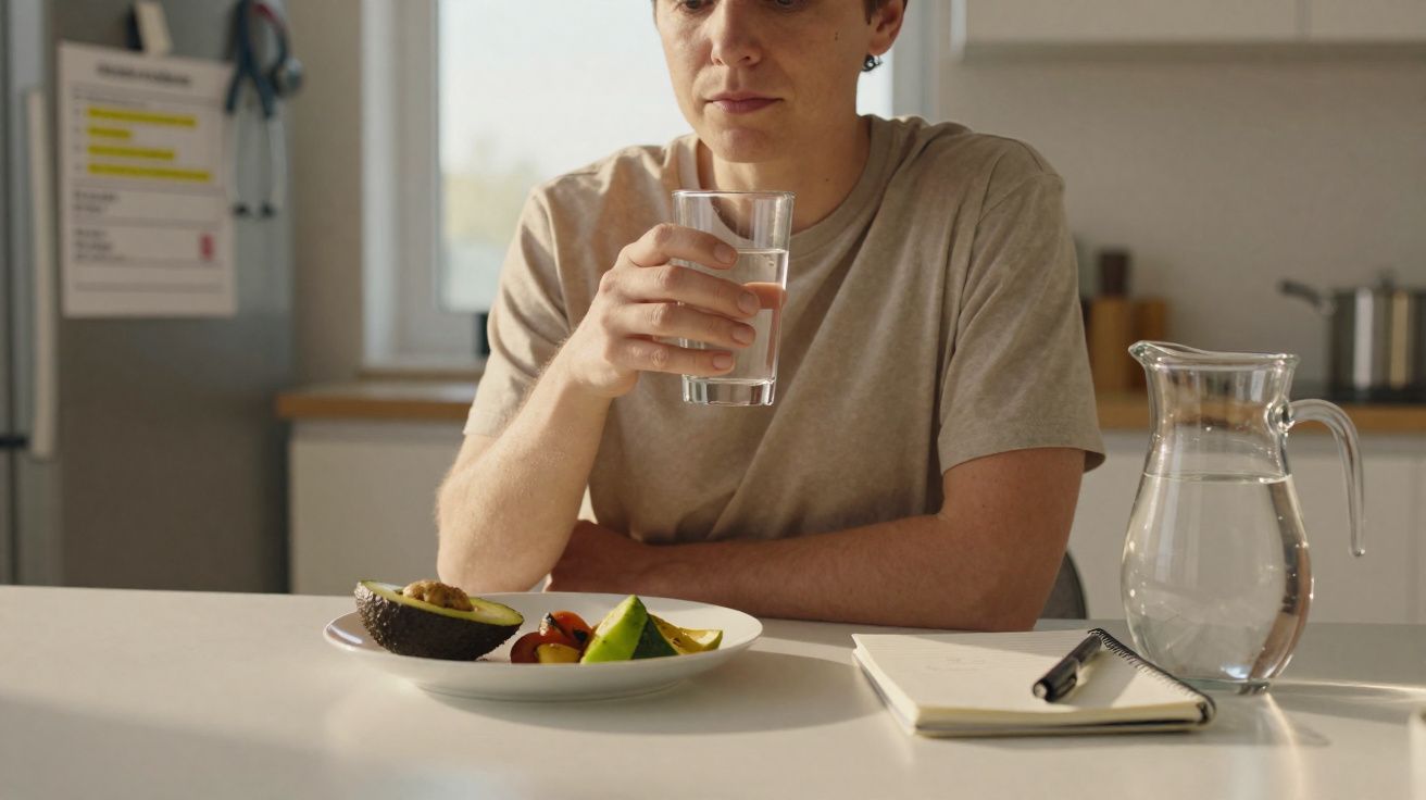 Pessoa a segurar copo de água sentada à mesa com prato de frutas e caderno ao lado numa cozinha.