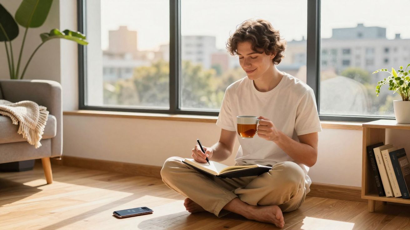 Jovem sentado no chão junto à janela, a escrever num caderno e a beber chá numa sala iluminada.