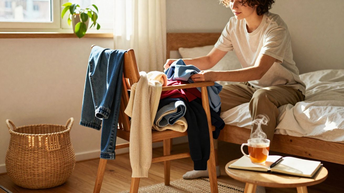 Pessoa a organizar roupa num quarto iluminado, com chá quente e caderno numa mesa ao lado.