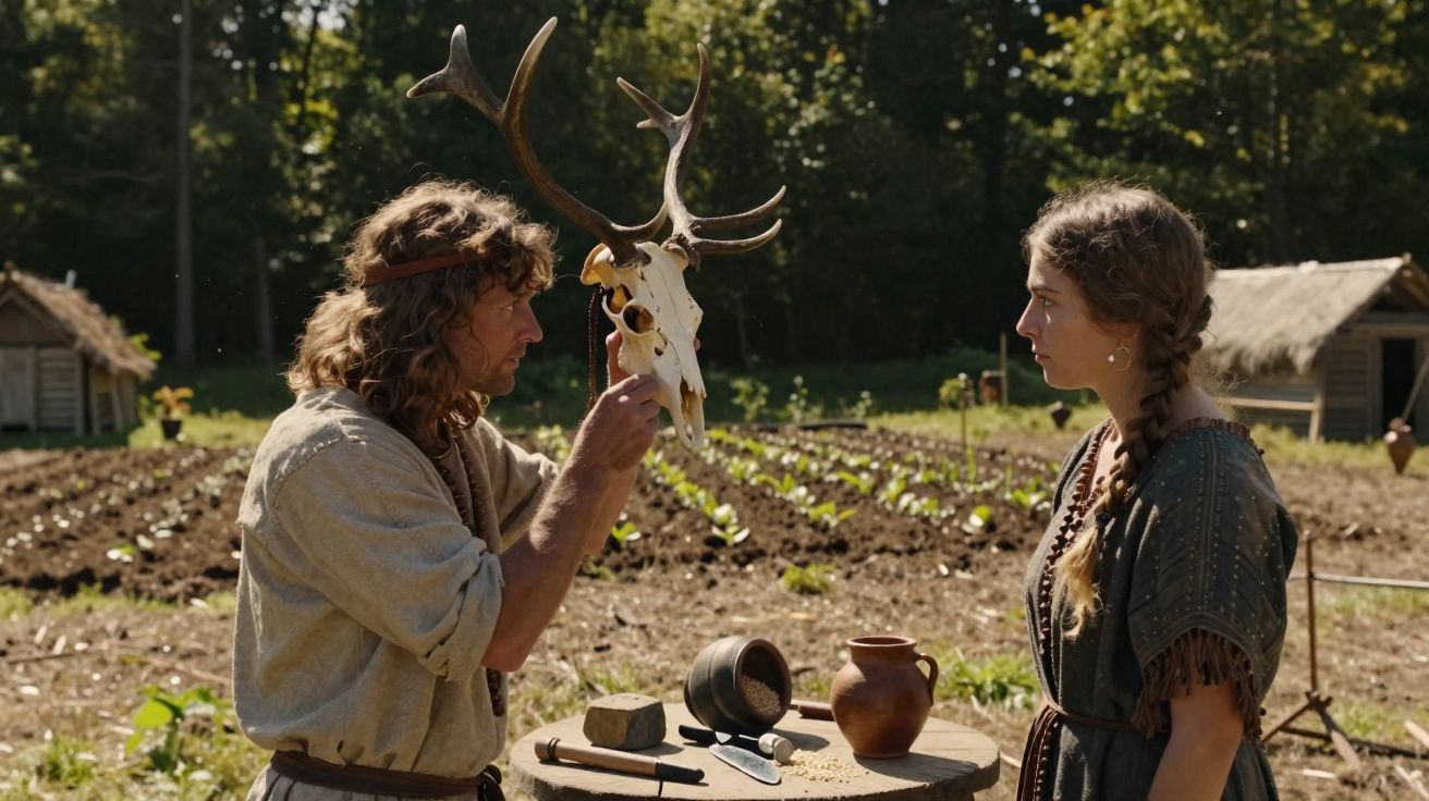 Homem com crânio de veado conversa com mulher numa quinta com plantas e cabana ao fundo.