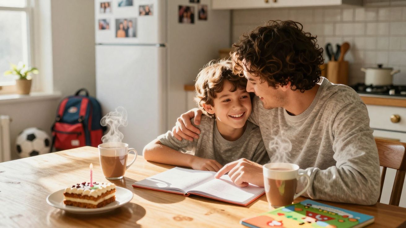 Pai e filho sorridentes a ler livro na cozinha, com bolo de aniversário e duas canecas de chá na mesa.