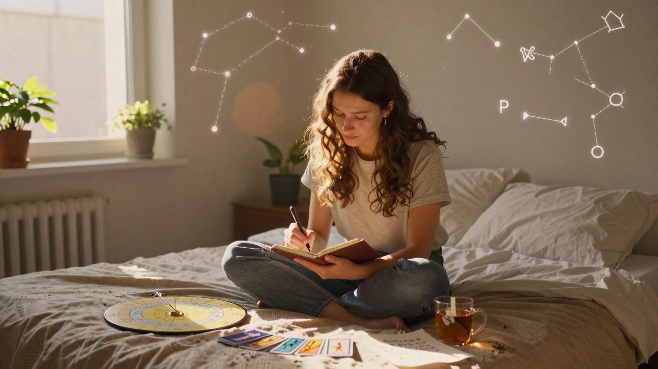 Jovem sentada na cama a escrever num caderno, rodeada de cartas de tarô, chá e símbolos astrológicos na parede.