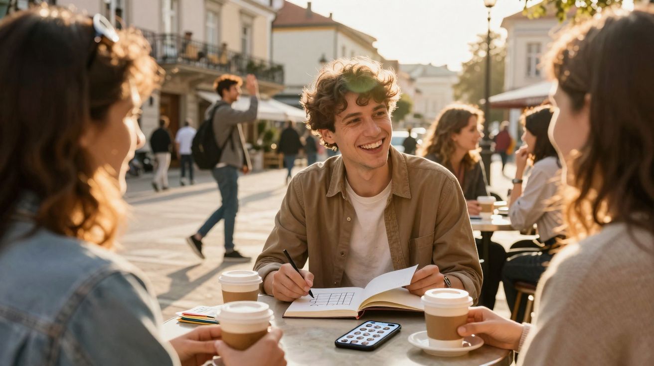 Jovem sorridente a escrever num caderno rodeado de amigas com café numa esplanada ao ar livre.
