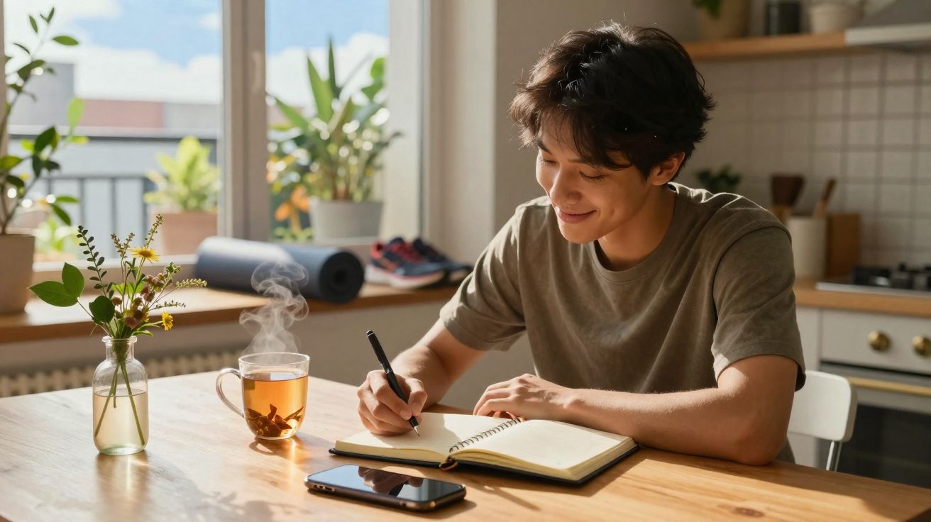 Jovem sentado a escrever num caderno com chá quente e telemóvel numa mesa iluminada pela luz natural.
