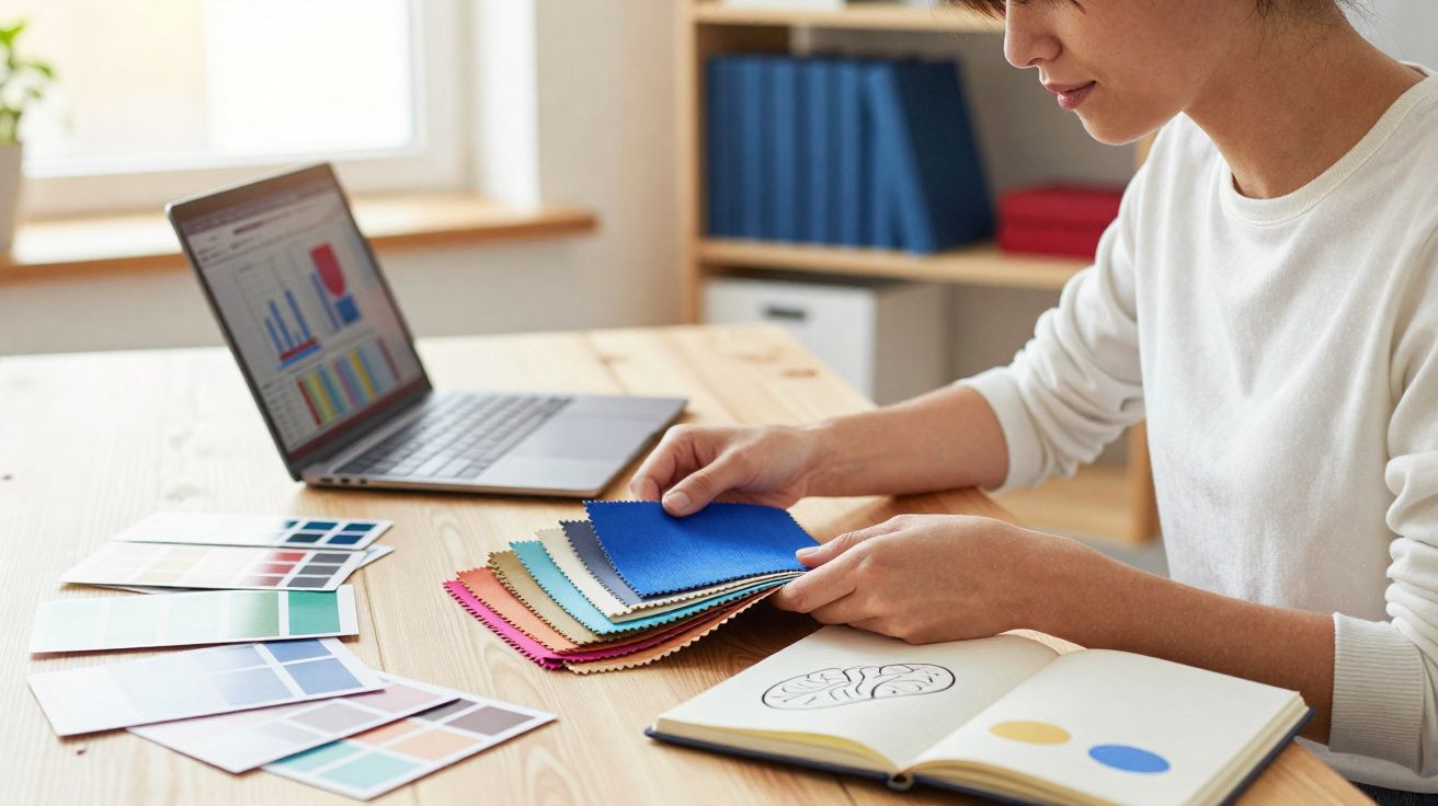 Pessoa a escolher tecidos coloridos num escritório com computador e amostras de cores na mesa.