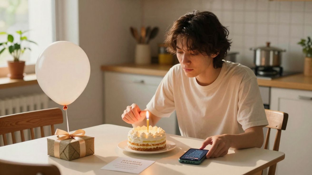 Jovem acende vela num bolo de aniversário numa mesa com presente, balão e telemóvel.