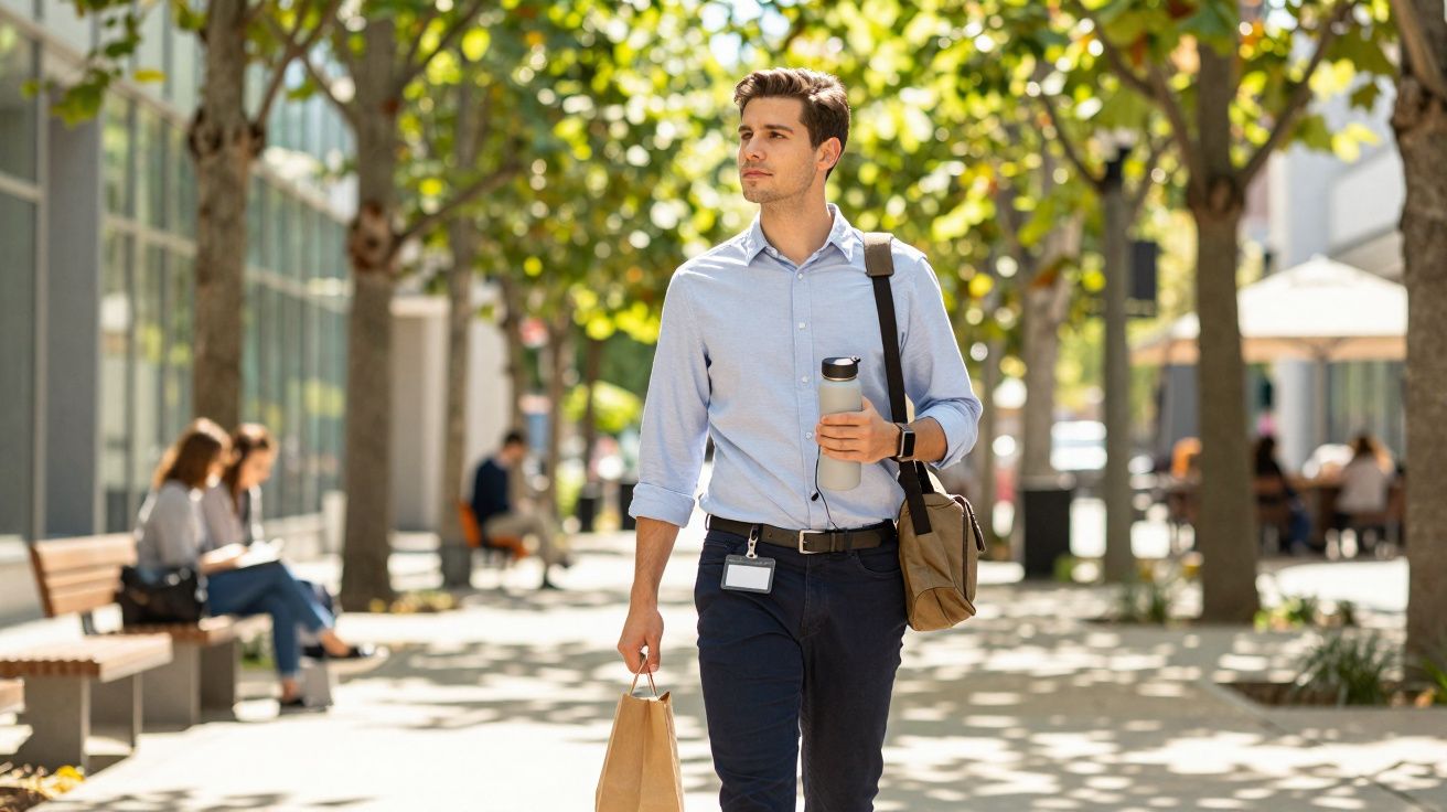 Jovem vestido de camisa azul a caminhar numa avenida com árvores, a segurar uma garrafa e um saco de papel.