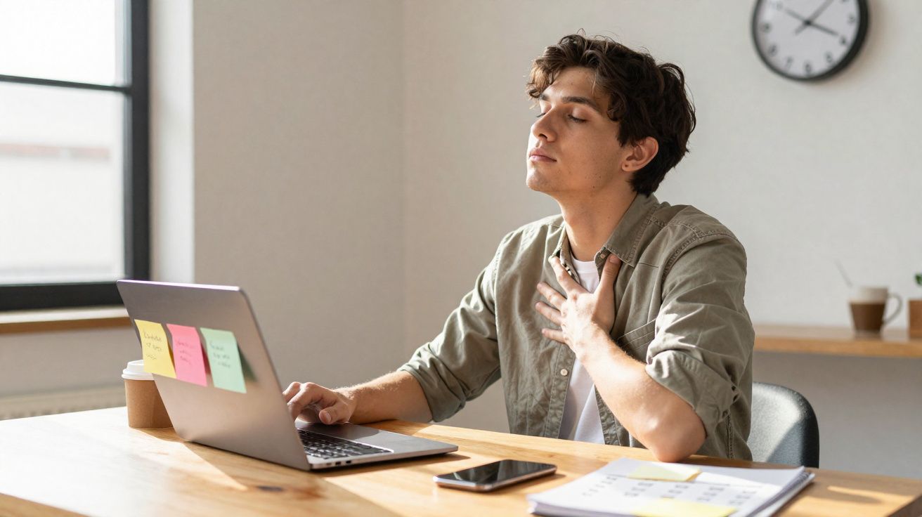 Jovem sentado a trabalhar no computador com mão no peito, aparentando desconforto respiratório.