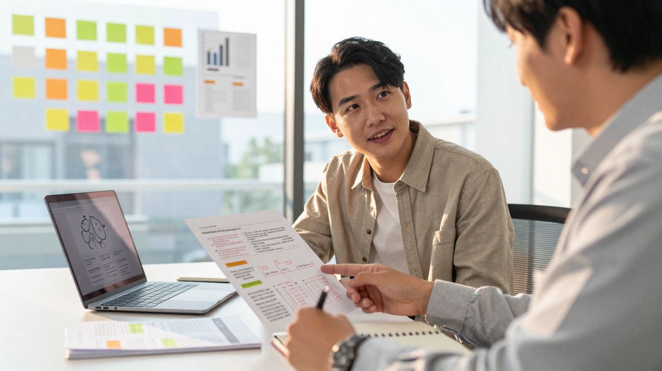 Duas pessoas em reunião de trabalho a discutir documentos e gráficos num escritório com janela ampla.
