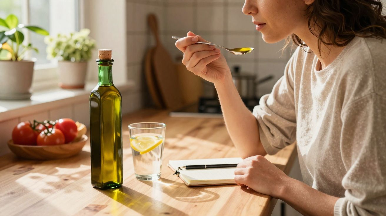 Mulher prova azeite com colher numa cozinha iluminada, com tomate, garrafa de azeite e copo com água.