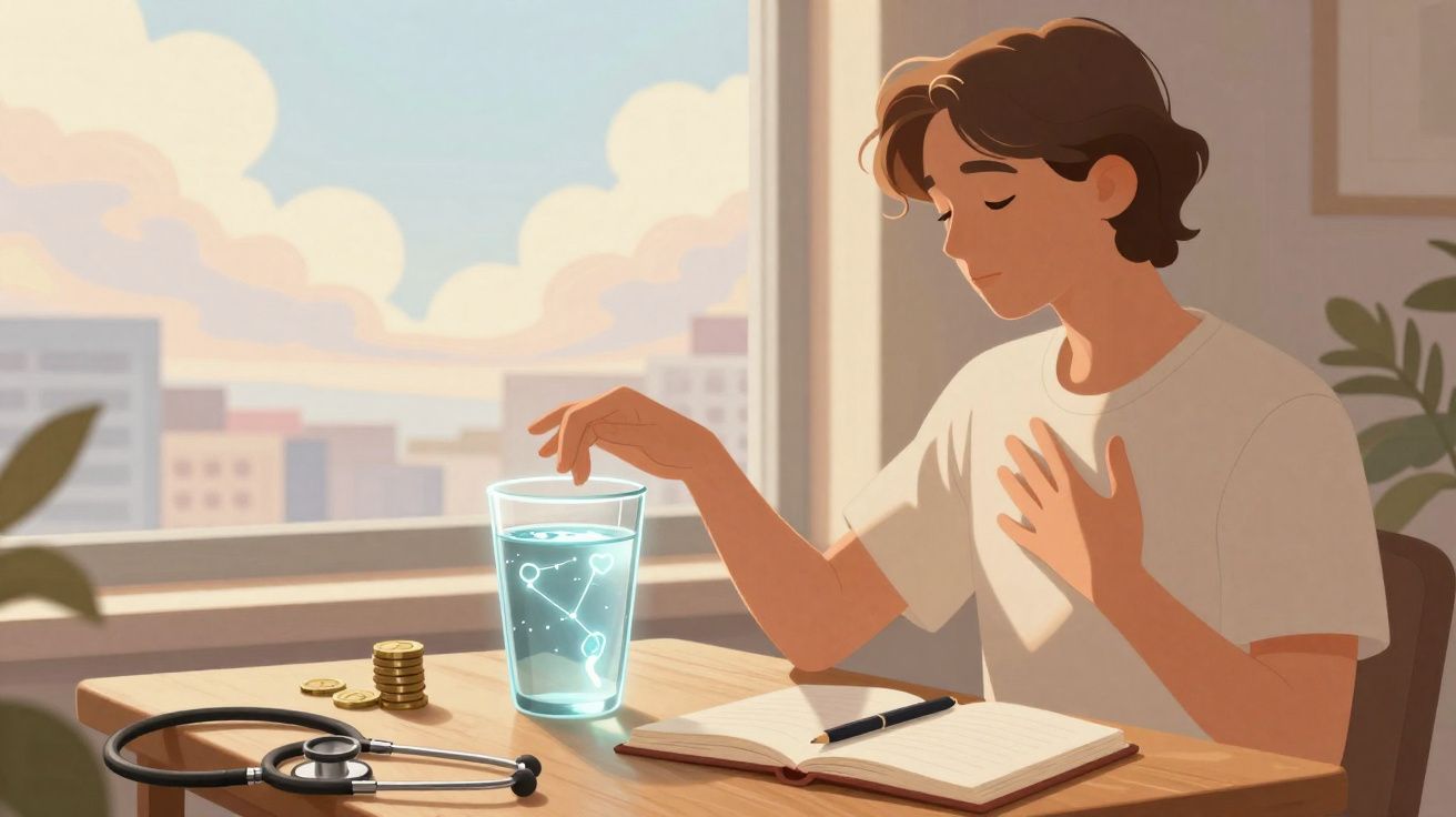 Pessoa sentada à mesa com stetoesópio, caderno aberto e copo de água com símbolos brilhantes.