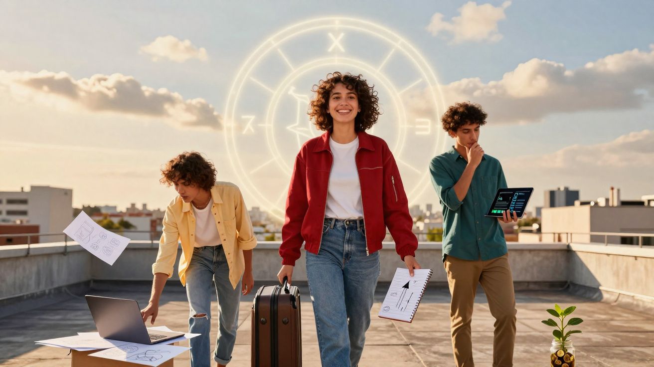 Três jovens no terraço com documentos, computador e uma planta, céu com nuvens ao fundo.