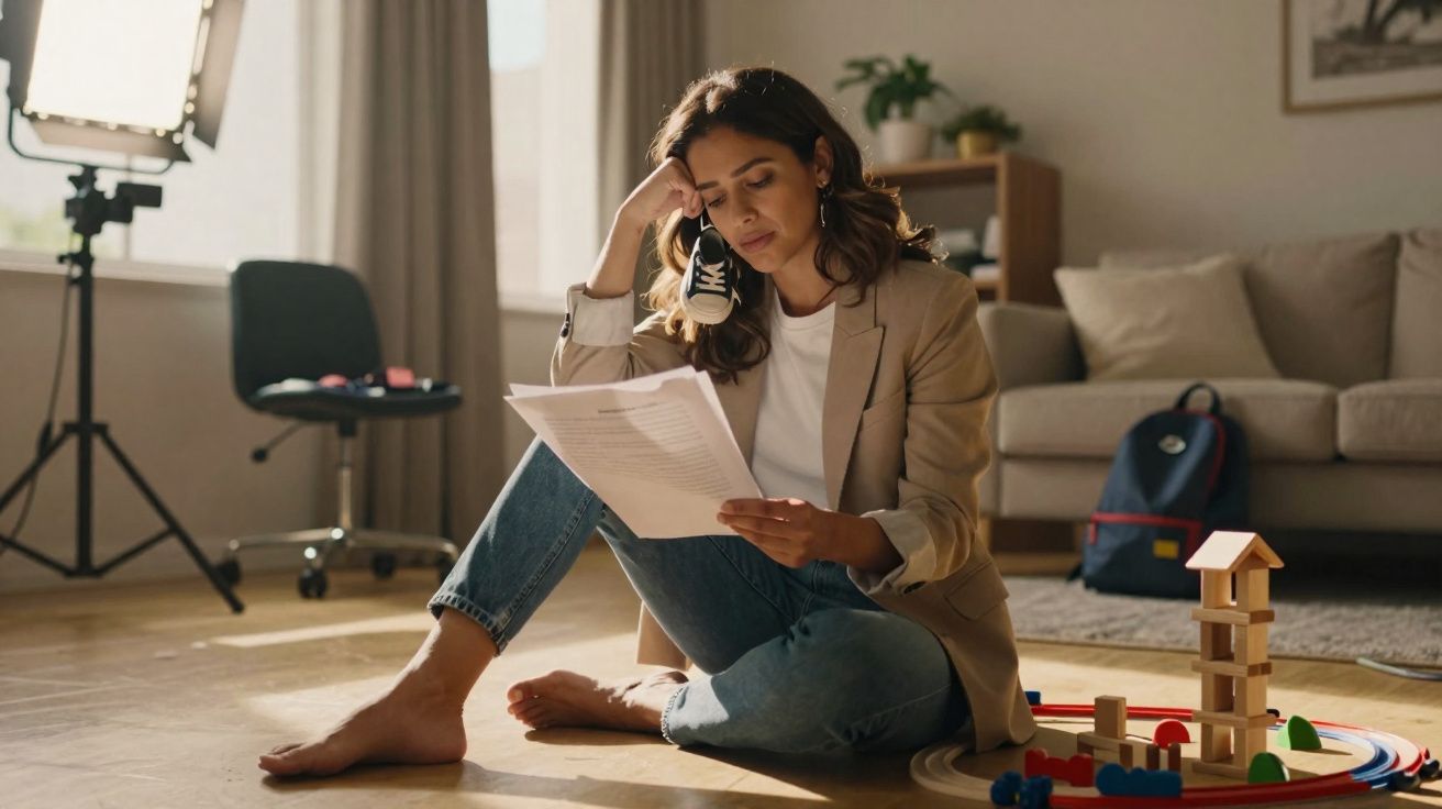 Mulher sentada no chão a ler documentos, segurando um sapato de bebé no ombro, em sala de estar.