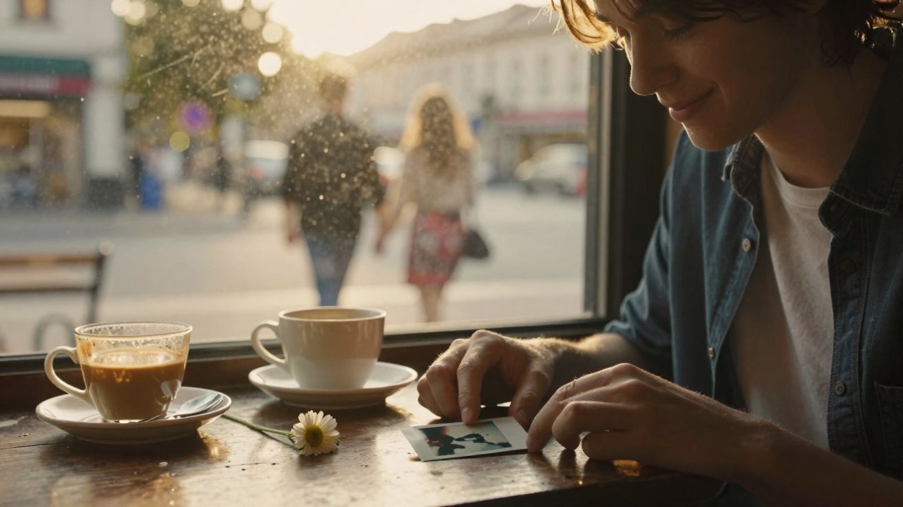 Pessoa sentada junto à janela de uma cafetaria a olhar para uma fotografia, com duas chávenas de café na mesa.