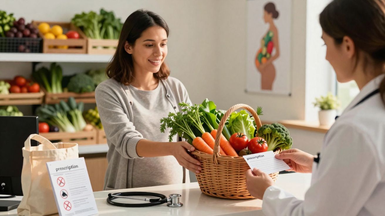 Mulher grávida a receber cesto de legumes frescos numa consulta de nutrição com profissional de saúde.
