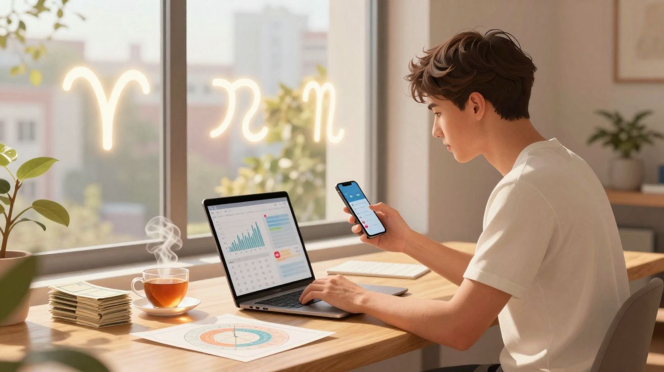 Jovem a trabalhar num computador portátil e telemóvel numa mesa de madeira junto a uma janela iluminada.