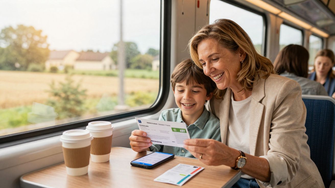 Mulher e menino felizes a olhar para bilhetes dentro de um comboio junto a janela com vista rural.