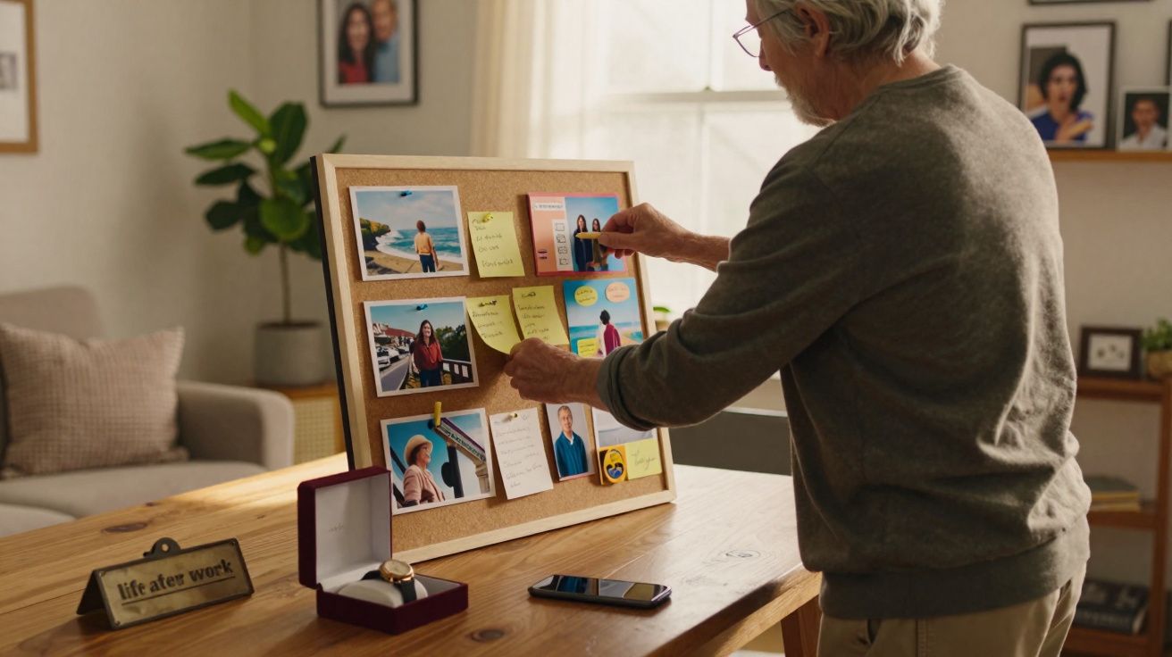 Pessoa idosa organiza lembretes e fotografias num quadro de cortiça numa sala iluminada e acolhedora.