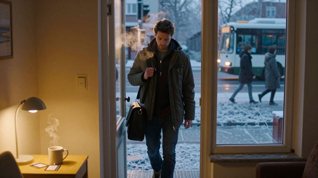 Homem entra em casa numa manhã fria de inverno com vapor a sair da sua boca.