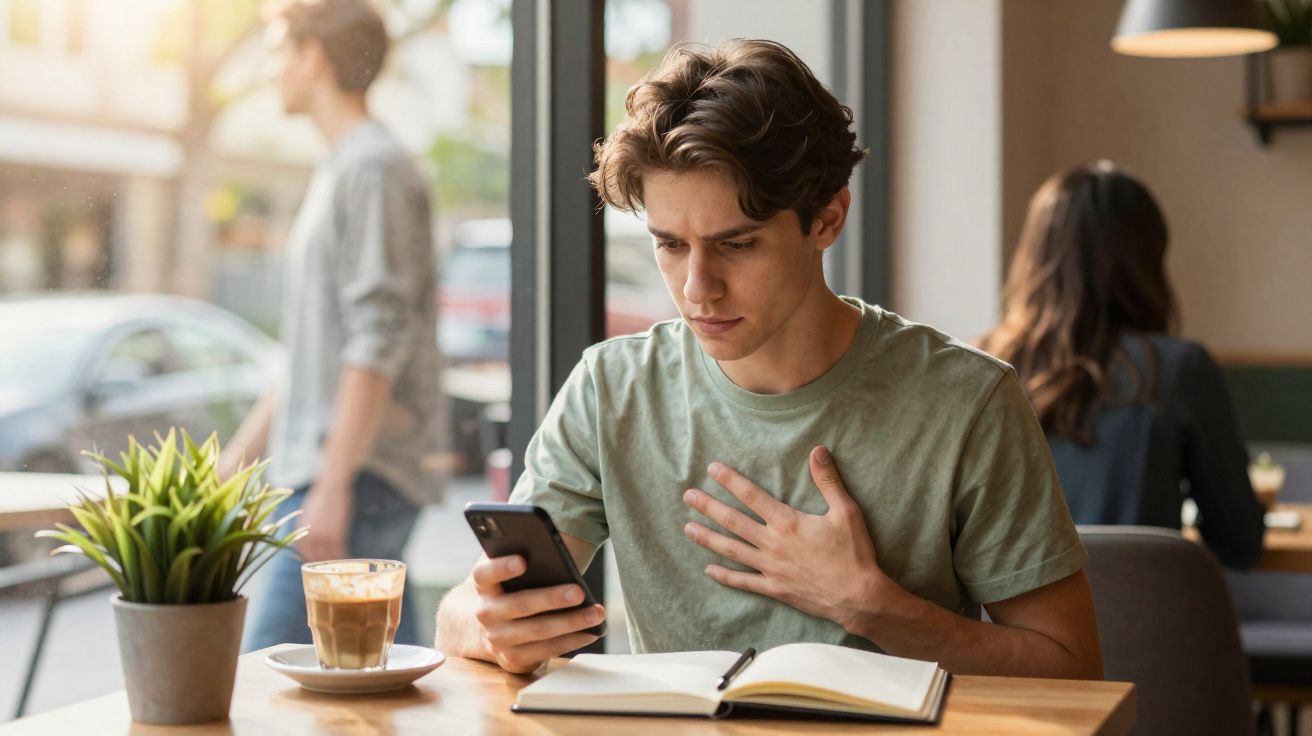 Jovem preocupado lê mensagem no telemóvel sentado numa cafetaria com caderno aberto à frente.