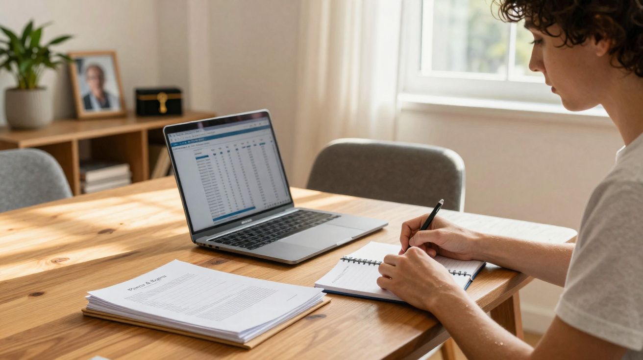 Pessoa a escrever numa agenda, com portátil aberto e documentos numa mesa de madeira, num ambiente luminoso.