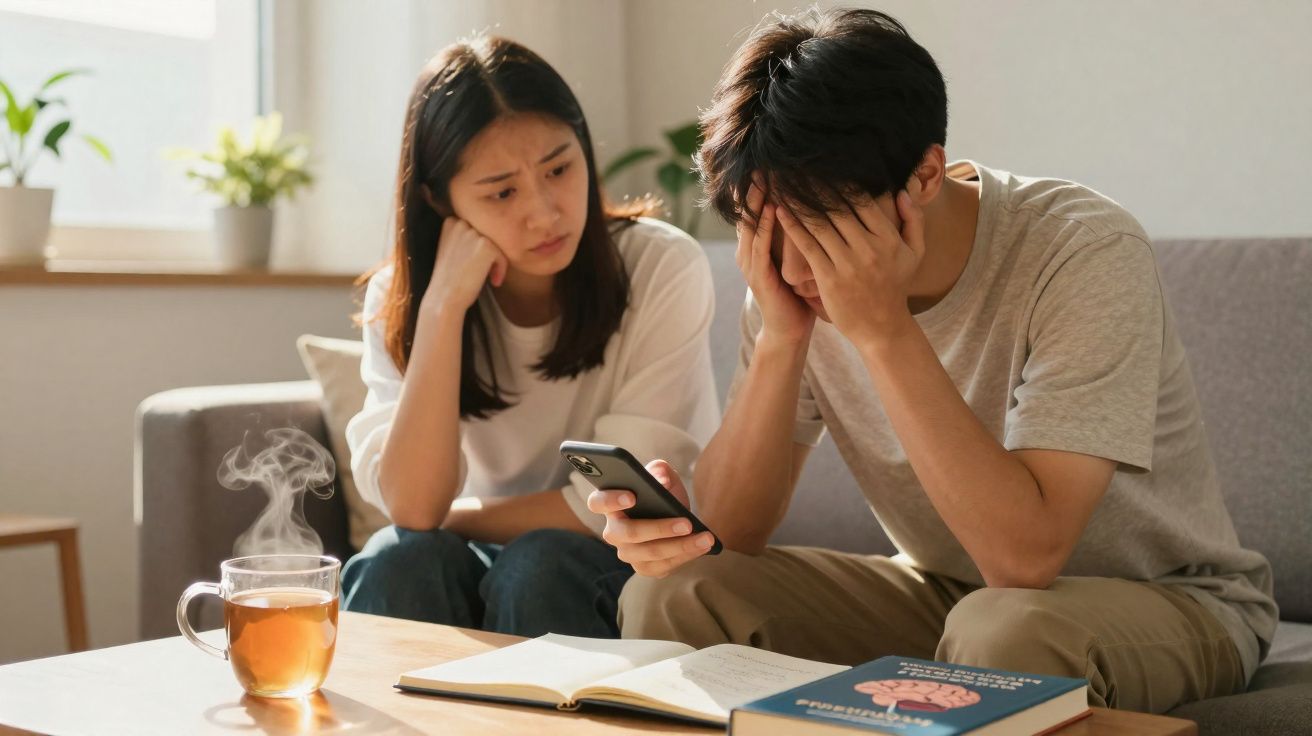 Casal sentado no sofá, homem preocupado a olhar para o telemóvel, mulher ao lado com expressão solidária.