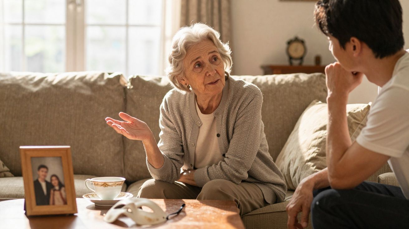 Mulher idosa conversa com homem jovem sentados numa sala, com chá e fotografia de casal na mesa.