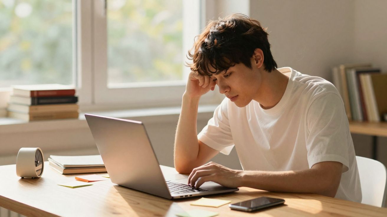 Jovem concentrado a trabalhar num computador portátil num ambiente calmo, com livros e notas ao redor.