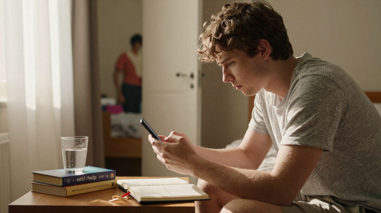 Homem jovem sentado numa cama a usar telemóvel com livros e caderno numa mesa à frente numa sala iluminada.