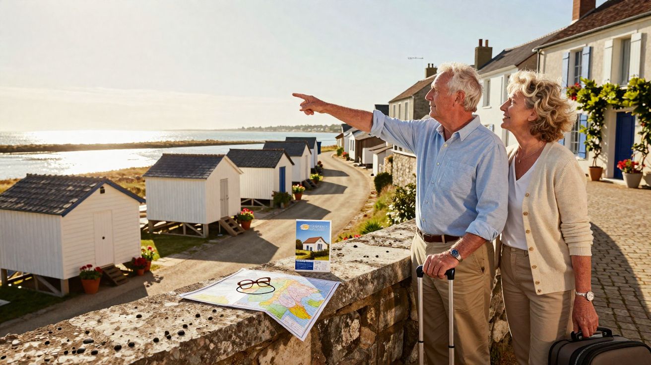 Casal sénior com malas observa o mar e casas de praia ao pôr do sol numa vila costeira.