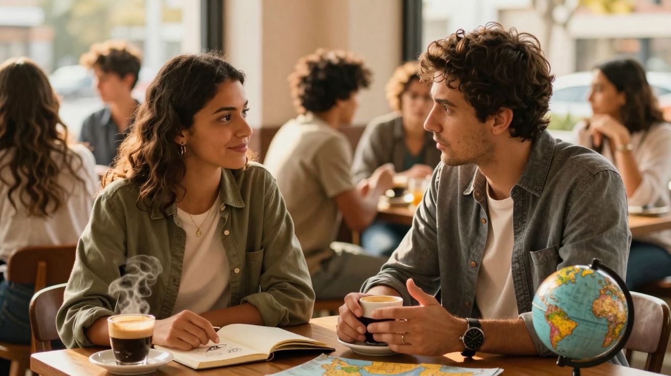 Dois jovens conversam num café, com mapas e um globo sobre a mesa, durante o dia.