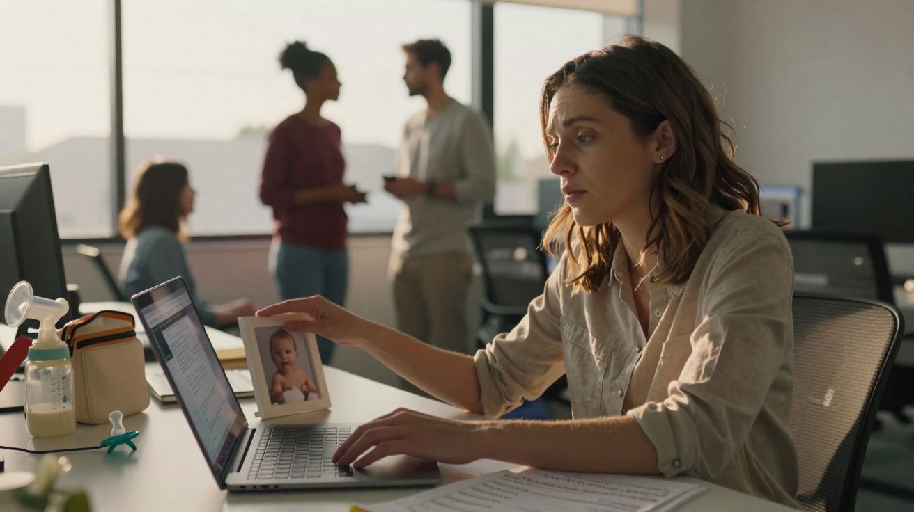 Mulher sentada ao computador segurando foto de bebé, num escritório com colegas de trabalho ao fundo.