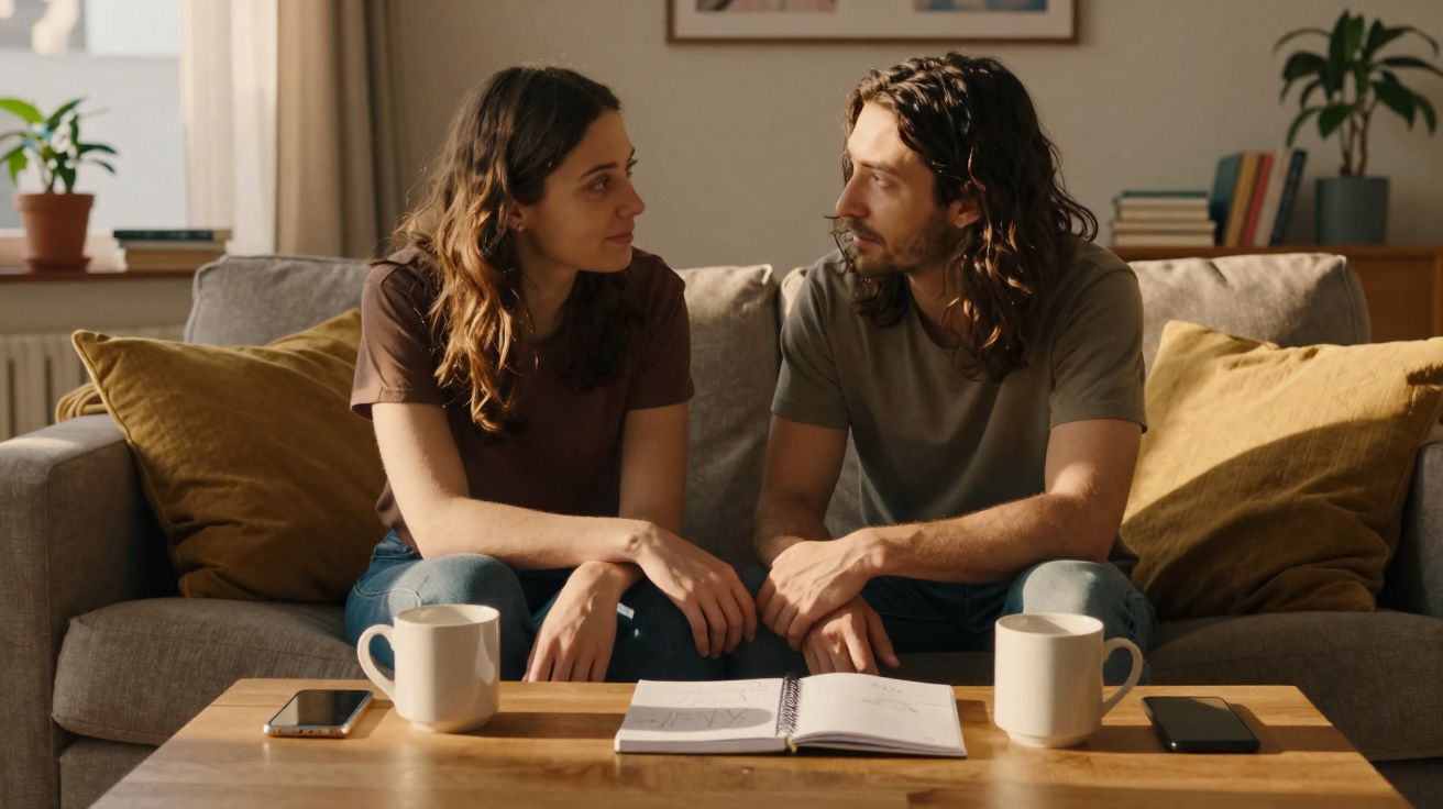Casal sentado no sofá a conversar, com cadernos, telemóveis e canecas numa mesa à frente.