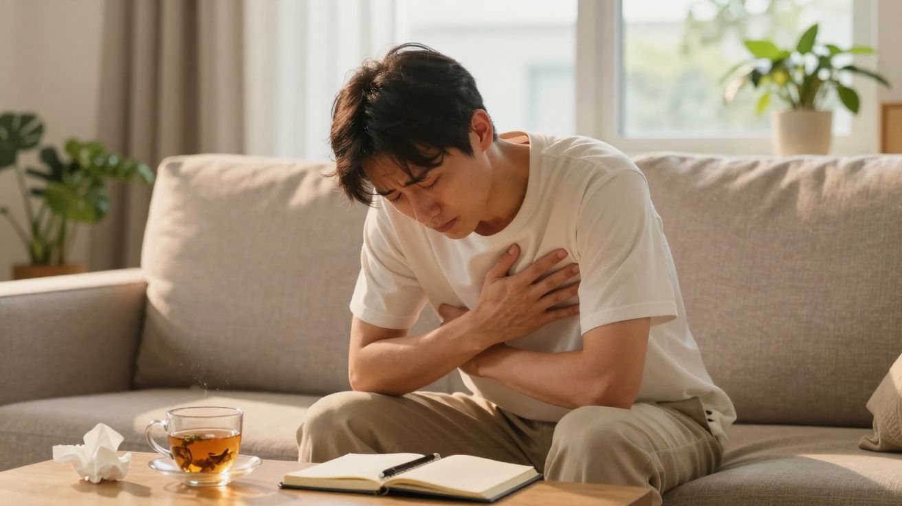 Homem sentado no sofá com expressão de dor, segurando o peito, ao lado de chá e caderno na mesa.