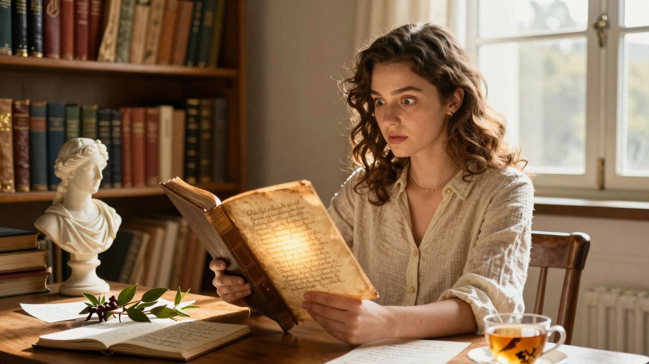 Jovem mulher a ler um livro antigo numa biblioteca com janela à luz natural e chá ao lado.