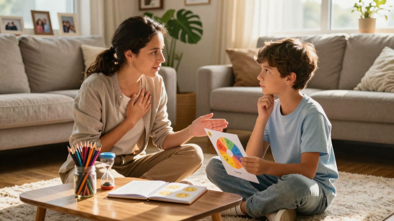 Mulher conversa com menino sentado no chão, mostrando roda das emoções num ambiente acolhedor.