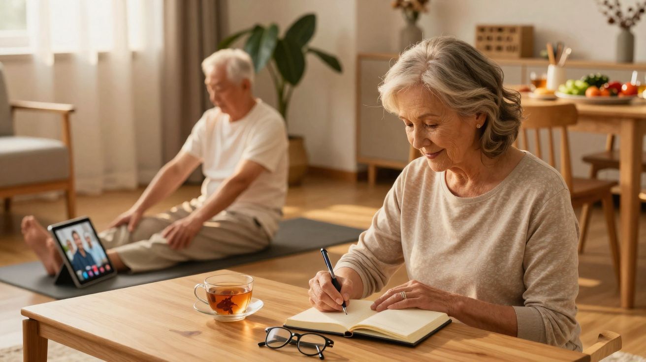 Mulher sénior escreve num caderno enquanto homem faz alongamentos e videochamada com família ao fundo.