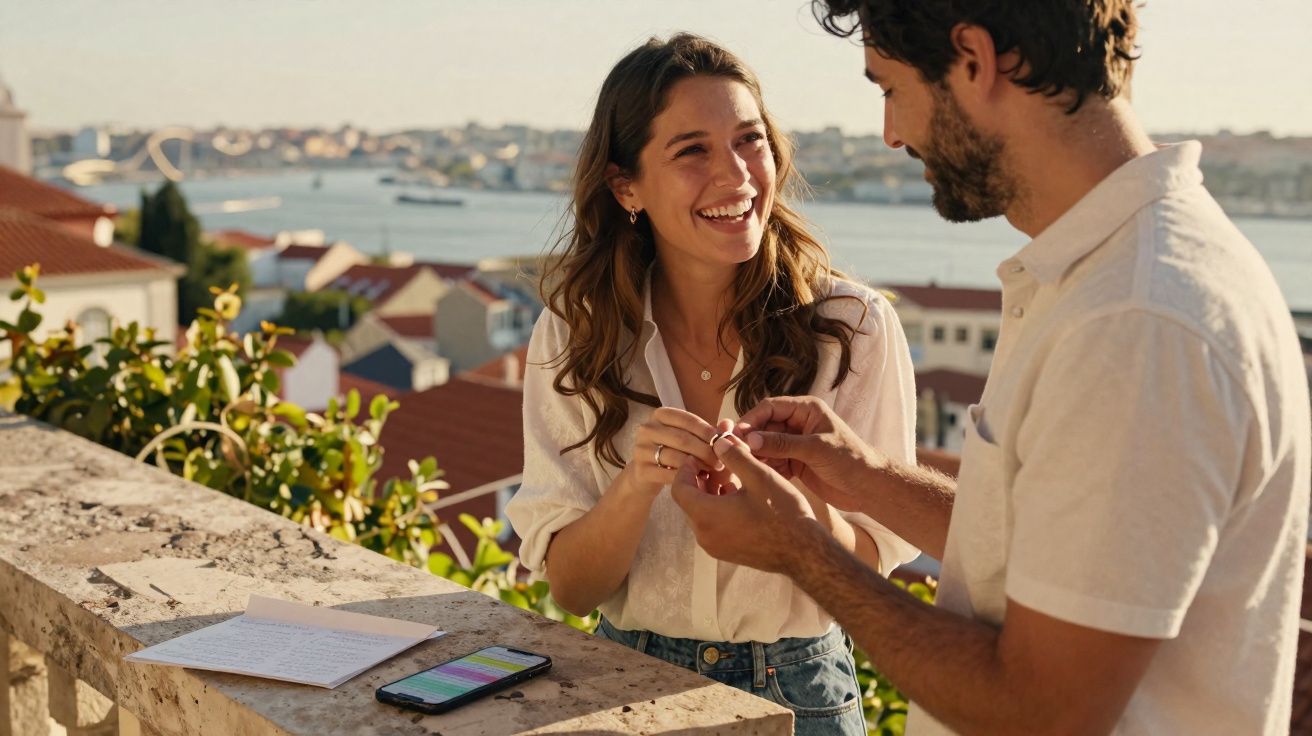 Casal feliz num terraço durante pedido de casamento ao pôr do sol com vista para cidade e rio ao fundo.