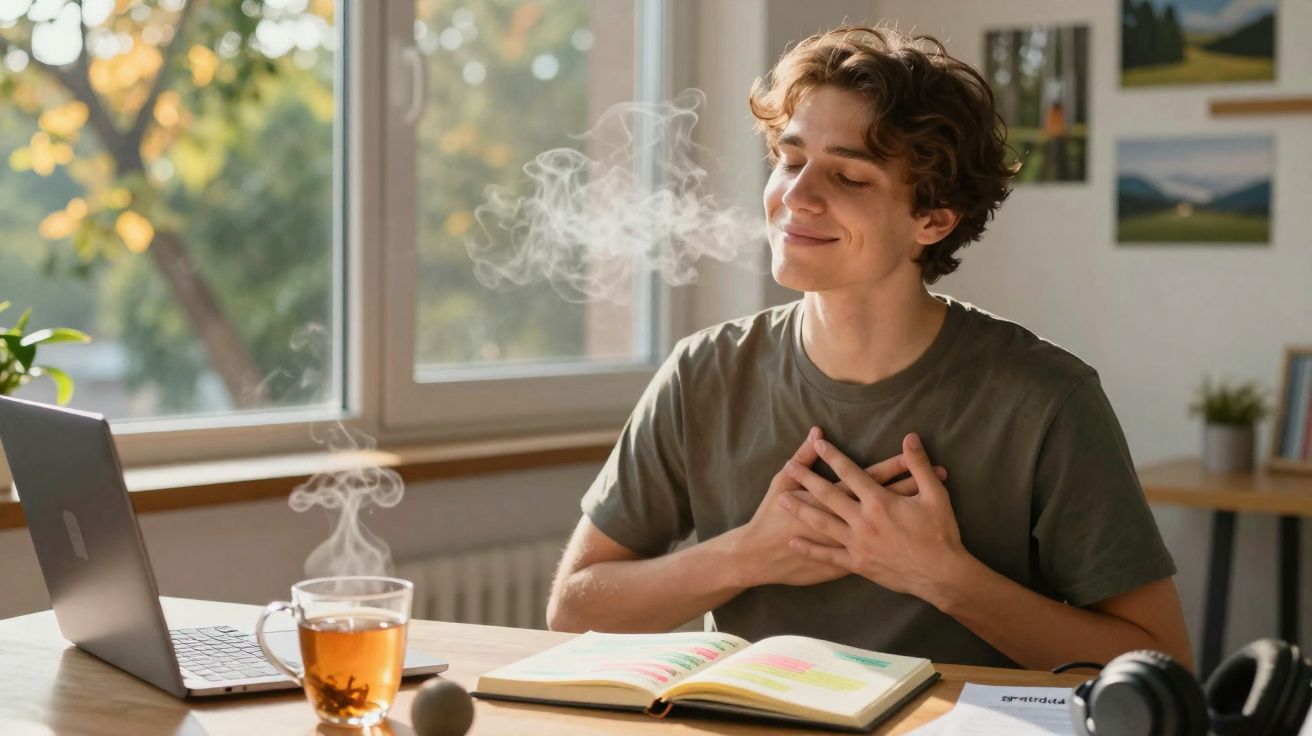 Jovem sentado numa mesa com chá, laptop e caderno aberto, a apreciar o aroma do chá com olhar sereno.